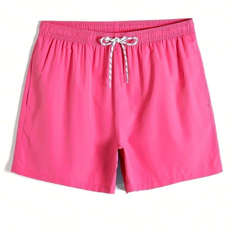 Pink Vacation Style Mens Slant Pockets Drawstring Waist Swim Trunks